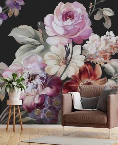 pink rose and dark floral wallpaper
