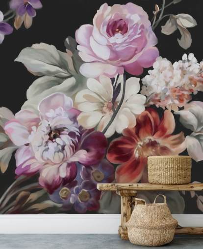 pink rose and dark floral wallpaper