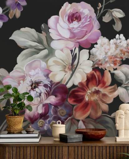 pink rose and dark floral wallpaper