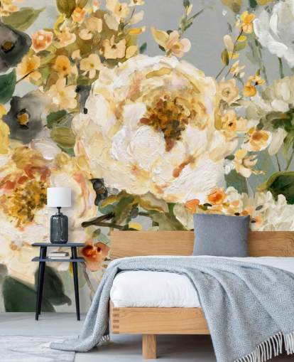 papel pintado floral mostaza, blanco y gris