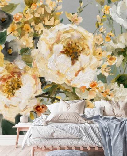 mosterd, wit en grijs bloemenbehang mosterd, wit en grijs bloemenbehang