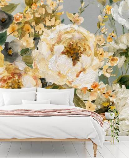 papel de parede floral mostarda, branco e cinza papel de parede floral mostarda, branco e cinza