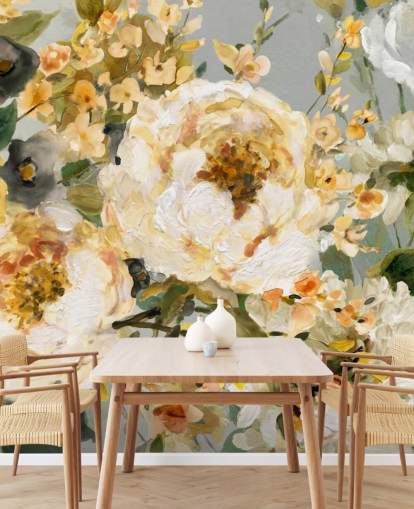 papel de parede floral mostarda, branco e cinza