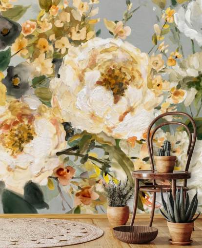 mustard, white and grey floral wallpaper