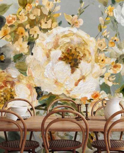 mosterd, wit en grijs bloemenbehang