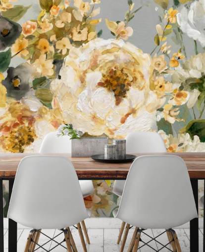 mosterd, wit en grijs bloemenbehang