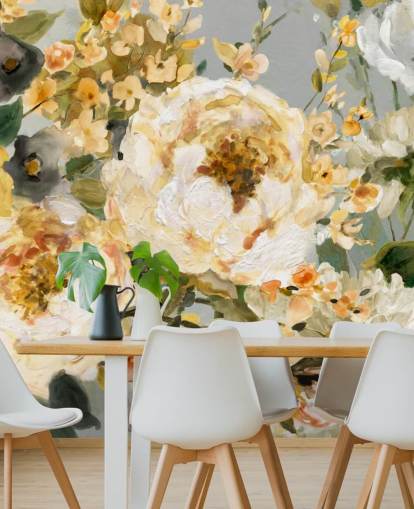 Senf, weiße und graue Blumentapete