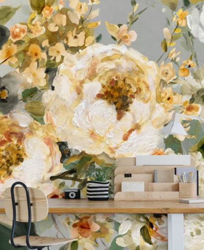 papel pintado floral mostaza, blanco y gris