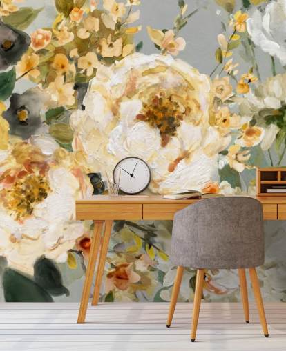 mosterd, wit en grijs bloemenbehang