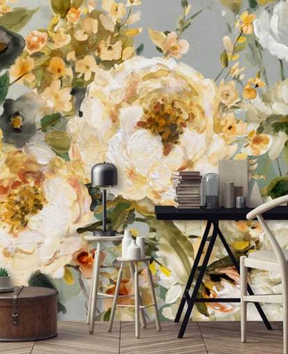 papel pintado floral mostaza, blanco y gris