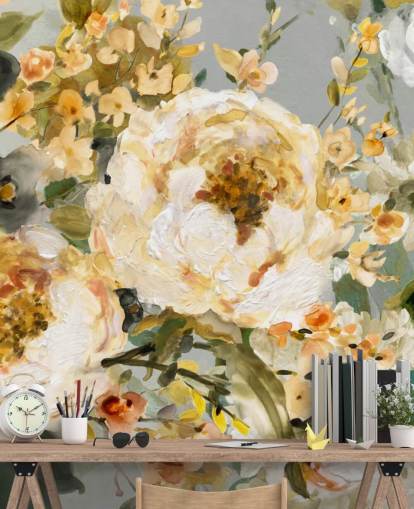 Senf, weiße und graue Blumentapete