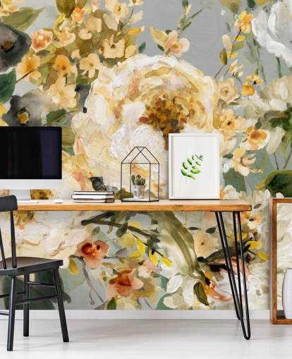 papel de parede floral mostarda, branco e cinza