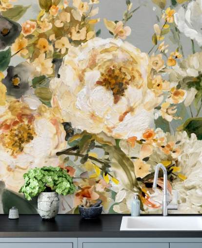 mustard, white and grey floral wallpaper