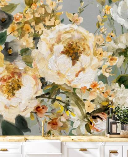 papel de parede floral mostarda, branco e cinza