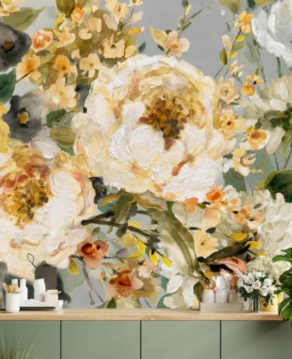 papier peint floral moutarde, blanc et gris