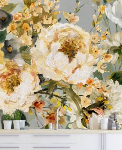 mustard, white and grey floral wallpaper