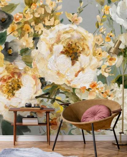 papel pintado floral mostaza, blanco y gris