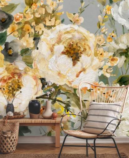 papel de parede floral mostarda, branco e cinza