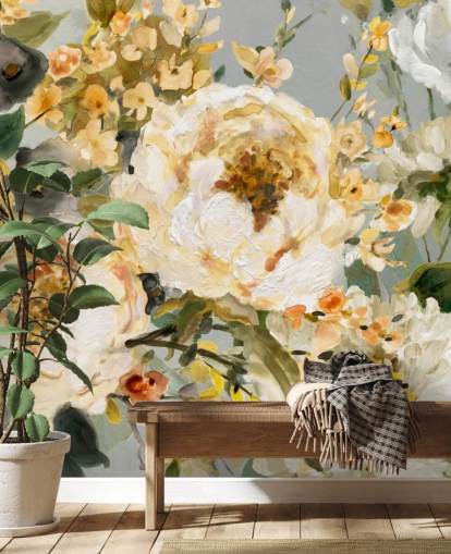 Senf, weiße und graue Blumentapete