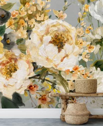 Senf, weiße und graue Blumentapete Senf, weiße und graue Blumentapete