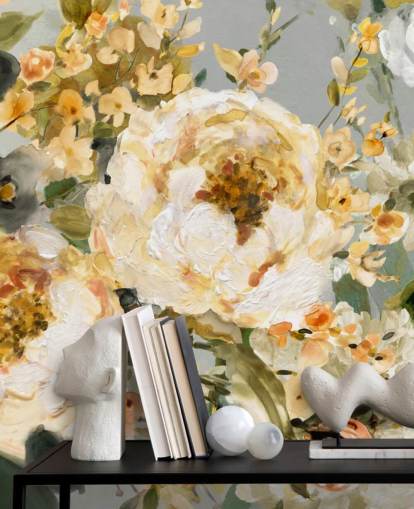 papel pintado floral mostaza, blanco y gris