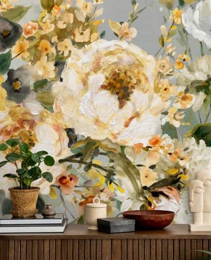 papel de parede floral mostarda, branco e cinza papel de parede floral mostarda, branco e cinza