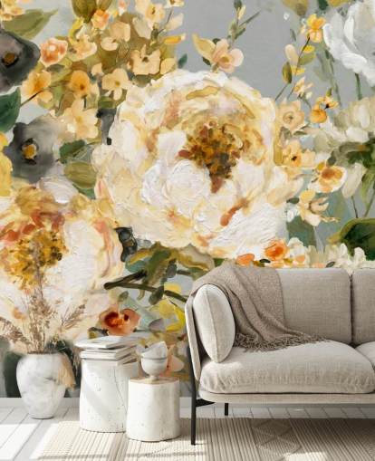 mustard, white and grey floral wallpaper