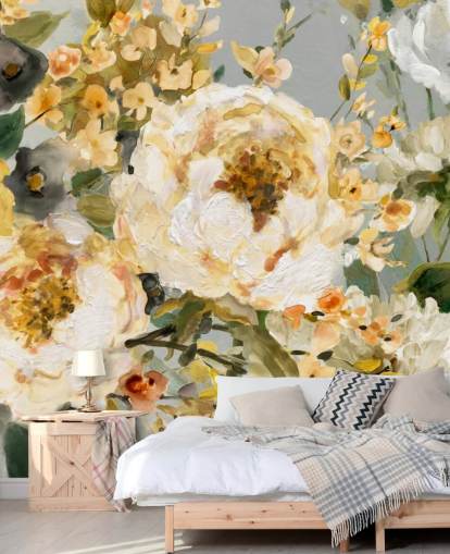 papel pintado floral mostaza, blanco y gris
