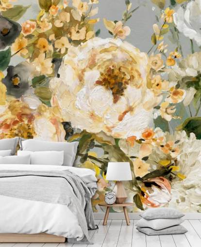 papel de parede floral mostarda, branco e cinza