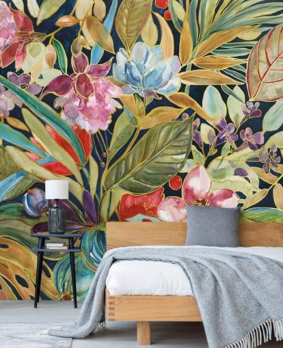 colourful tropical flowers on dark background wallpaper