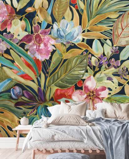 colourful tropical flowers on dark background wallpaper