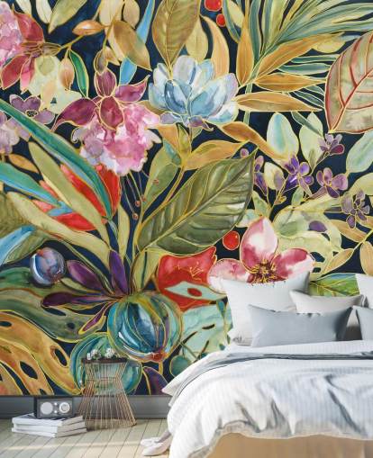 colourful tropical flowers on dark background wallpaper