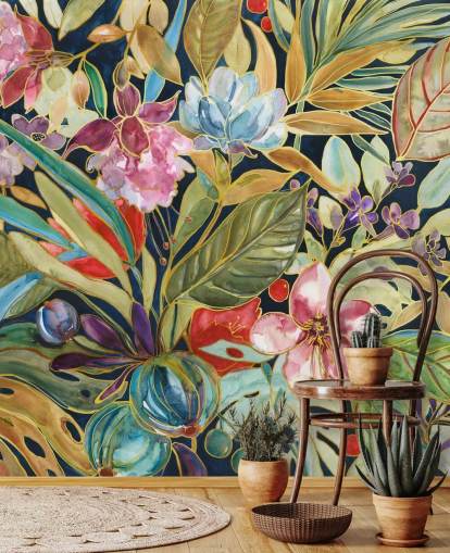 fleurs tropicales colorées sur fond sombre papier peint