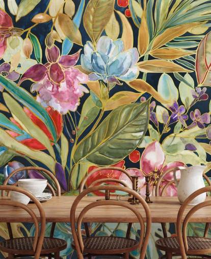 fleurs tropicales colorées sur fond sombre papier peint