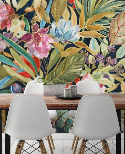 colourful tropical flowers on dark background wallpaper