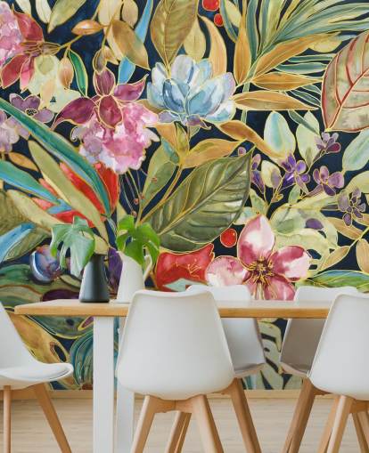 colourful tropical flowers on dark background wallpaper