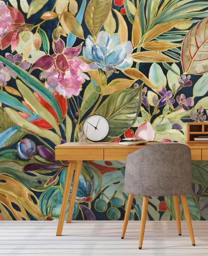 fiori tropicali colorati su sfondo scuro carta da parati
