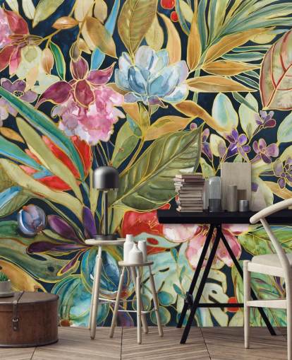 colourful tropical flowers on dark background wallpaper