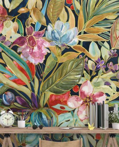 bunte tropische Blumen auf dunklem Hintergrund bunte tropische Blumen auf dunklem Hintergrund