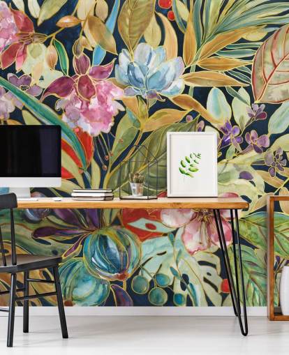 colourful tropical flowers on dark background wallpaper