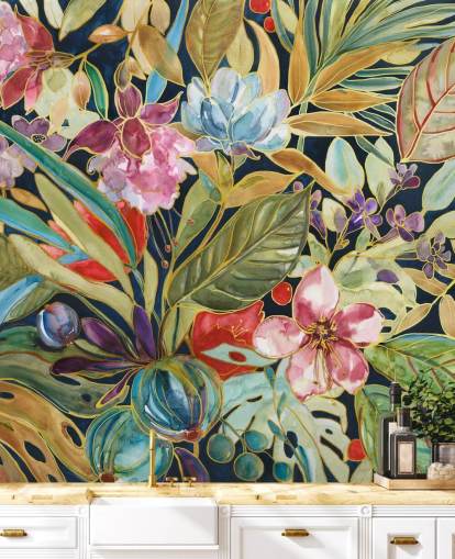 fleurs tropicales colorées sur fond sombre papier peint