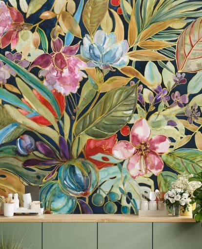 colourful tropical flowers on dark background wallpaper