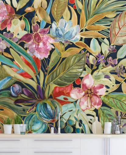 fiori tropicali colorati su sfondo scuro carta da parati