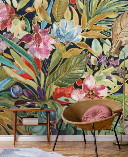 colourful tropical flowers on dark background wallpaper