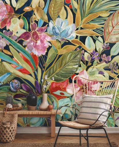 fleurs tropicales colorées sur fond sombre papier peint