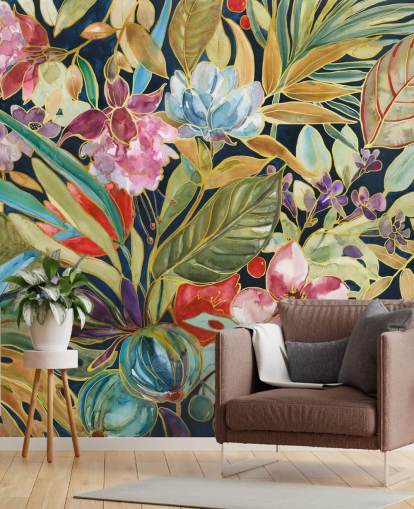 colourful tropical flowers on dark background wallpaper