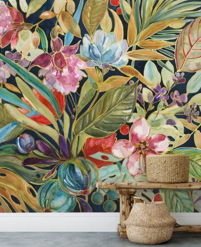 colourful tropical flowers on dark background wallpaper