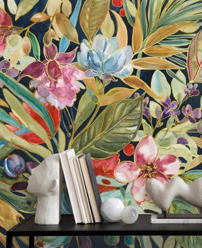 colourful tropical flowers on dark background wallpaper