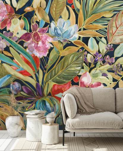 fleurs tropicales colorées sur fond sombre papier peint