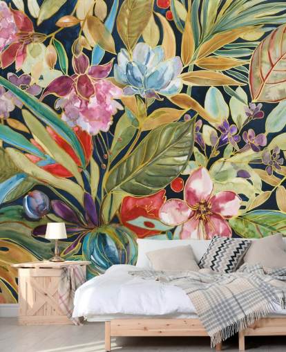 kleurrijke tropische bloemen op donker achtergrondbehang kleurrijke tropische bloemen op donker achtergrondbehang